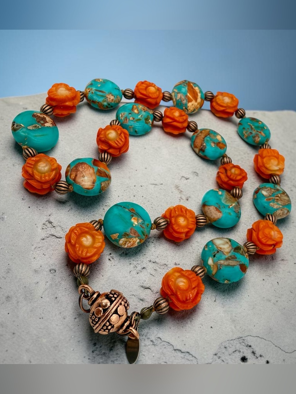 Artisan Hand Knotted Emperor Jasper Carved Coral floral bead Copper Necklace 18” - Picture 16 of 17